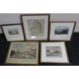 A framed and engraved map of Northumberland and four further etchings