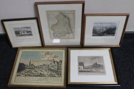 A framed and engraved map of Northumberland and four further etchings