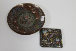 A shallow cloisonne dish and a cloisonne cigarette case