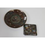 A shallow cloisonne dish and a cloisonne cigarette case