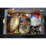 A box of miscellaneous items including brass ware, National Geographic microscope, thimbles,