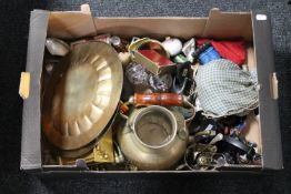 A box of miscellaneous items including brass ware, National Geographic microscope, thimbles,