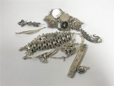Two silver filigree bracelets, marcasite brooch, necklace,