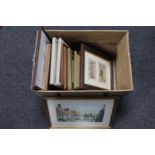 A box of assorted pictures and prints and two WWII era framed silkwork postcards