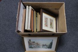 A box of assorted pictures and prints and two WWII era framed silkwork postcards