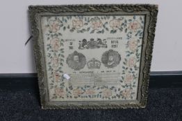 A antique gilt framed handkerchief "the official programme of the Royal visit to Newcastle upon