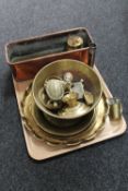 A tray of antique copper trough, brass plates and tray,