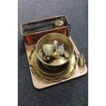 A tray of antique copper trough, brass plates and tray,