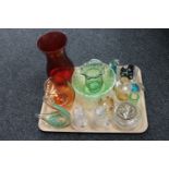 A tray of assorted 20th century glass ware - Mdina paperweight, Caithness,
