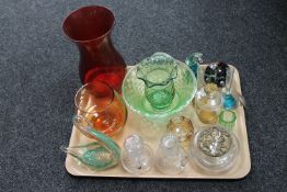 A tray of assorted 20th century glass ware - Mdina paperweight, Caithness,