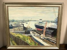 J F Harrison, Tyne Docks & Shipyards, oil on board,