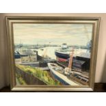 J F Harrison, Tyne Docks & Shipyards, oil on board,