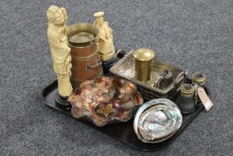 A tray of oriental resin figures, carnival glass bowl, pair of opera glasses, copper and brass jug,