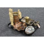 A tray of oriental resin figures, carnival glass bowl, pair of opera glasses, copper and brass jug,