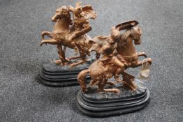 A pair of painted spelter figures on wooden bases (a/f)