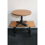 A circular copper topped occasional table and a refectory coffee table