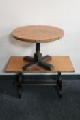 A circular copper topped occasional table and a refectory coffee table