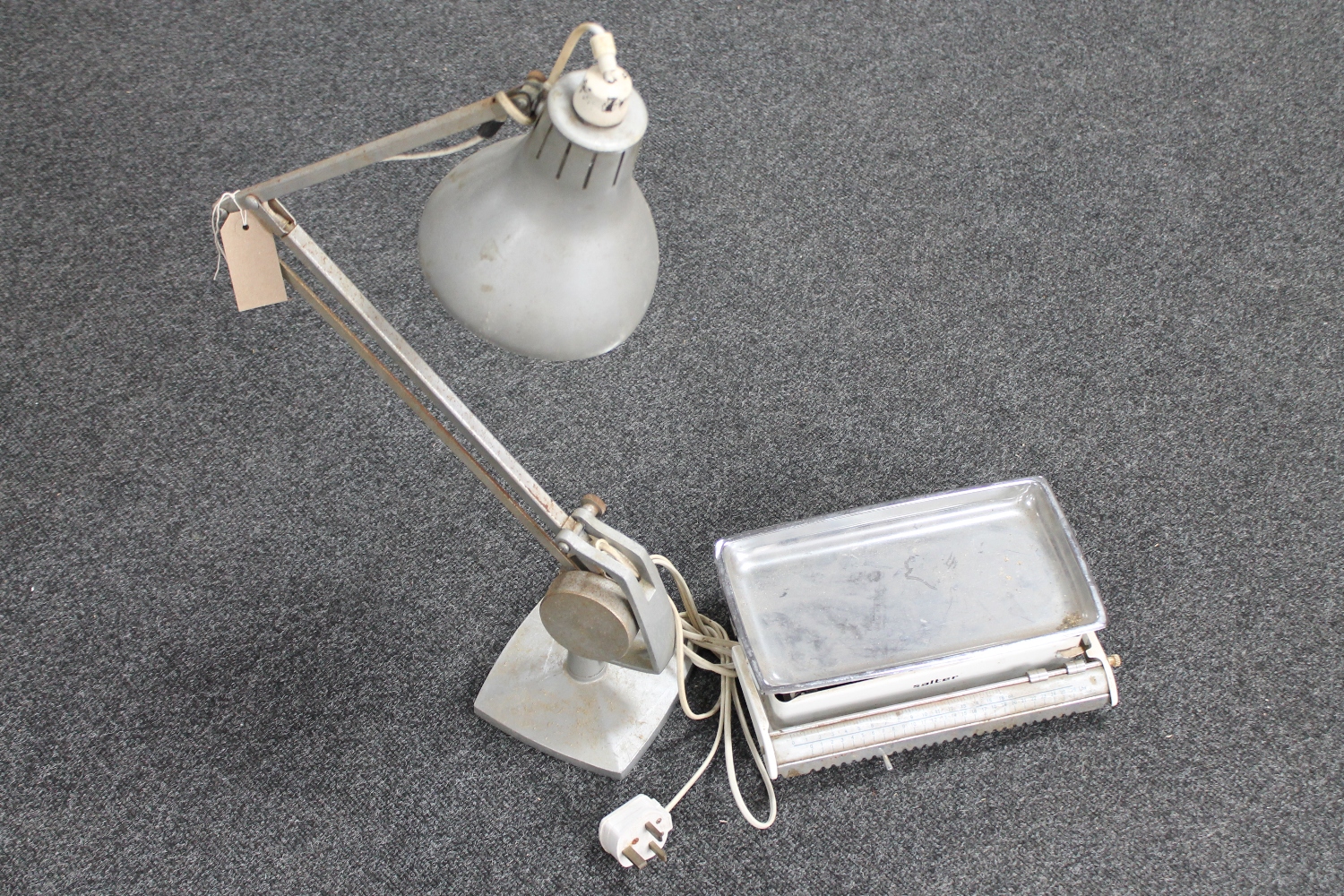 A set of vintage Salter scales and an angle poise lamp