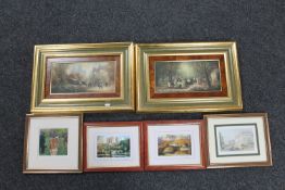 Two gilt framed oils on panels signed Koester, depicting a market scene and figures in a garden,