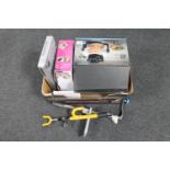 A box containing a Daewoo halogen oven, DVD player,