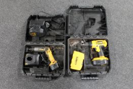A cased Dewalt 18v drill with batteries and charger together with a cased Dewalt cordless angle