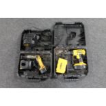 A cased Dewalt 18v drill with batteries and charger together with a cased Dewalt cordless angle