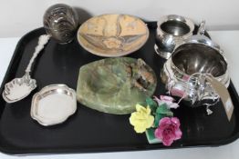A tray of metal and onyx ashtray depicting a fox family, glass paperweight, china posies,