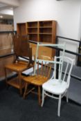 An oak trolley, pine kitchen chair, painted Bentwood chair,