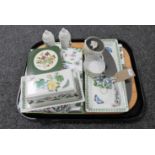 A tray of assorted Portmeirion china including bread board, butter dish with cover,