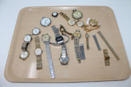 A tray of various wristwatches and timepieces; Ingersoll, Casio,