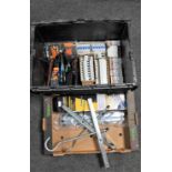 A box and crate of ladder clamps, fuse box fuses, socket connector,