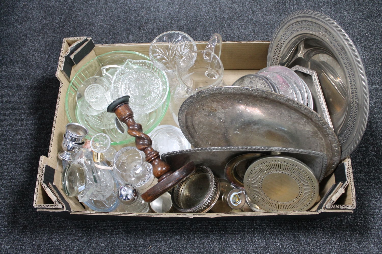 A box of 20th century plated ware, assorted glass ware,