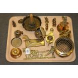 A tray of brass, antique brass candlestick, brass sprayer etc.