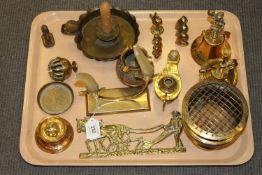 A tray of brass, antique brass candlestick, brass sprayer etc.
