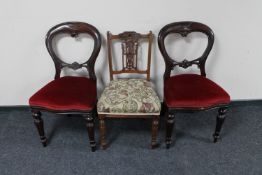A pair of Victorian balloon back chairs and a bedroom chair