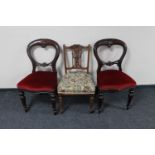 A pair of Victorian balloon back chairs and a bedroom chair