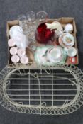 A metal hanging pan stand together with a further box of glass ware, Foley china tea set,