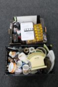 A basket containing Carlton ware dishes, commemorative mugs, Salter scales etc,