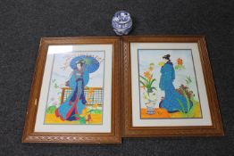 Two carved framed oils depicting geishas,