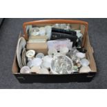 A box containing frameless mirror mounted on teak board, DVD player, assorted china,