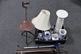 A box containing blue and white china including Copeland Spode plate, Ringtons vases and caddies,