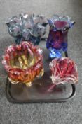Four pieces of 20th century coloured studio glass ware