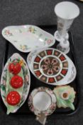 A tray of Wedgwood Kutani vase, oval dish and china bell, Maling dishes,