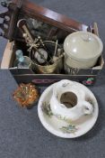A pottery wash jug and basin, box of wall clock, brass bin, brass companion set, barometer,