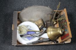 A box of brass bell, companion set, replica flintlock pistols, chamber pot,