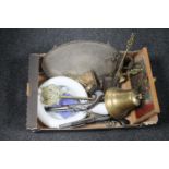 A box of brass bell, companion set, replica flintlock pistols, chamber pot,
