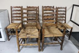 Six antique oak rush seated country kitchen chairs