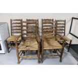 Six antique oak rush seated country kitchen chairs