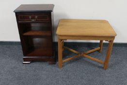 A set of narrow inlaid mahogany shelves and a mahogany occasional table