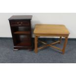 A set of narrow inlaid mahogany shelves and a mahogany occasional table